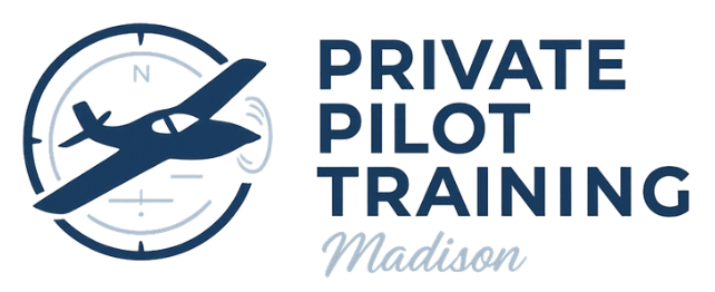 Blue airplane silhouette with compass logo for Private Pilot Training Madison